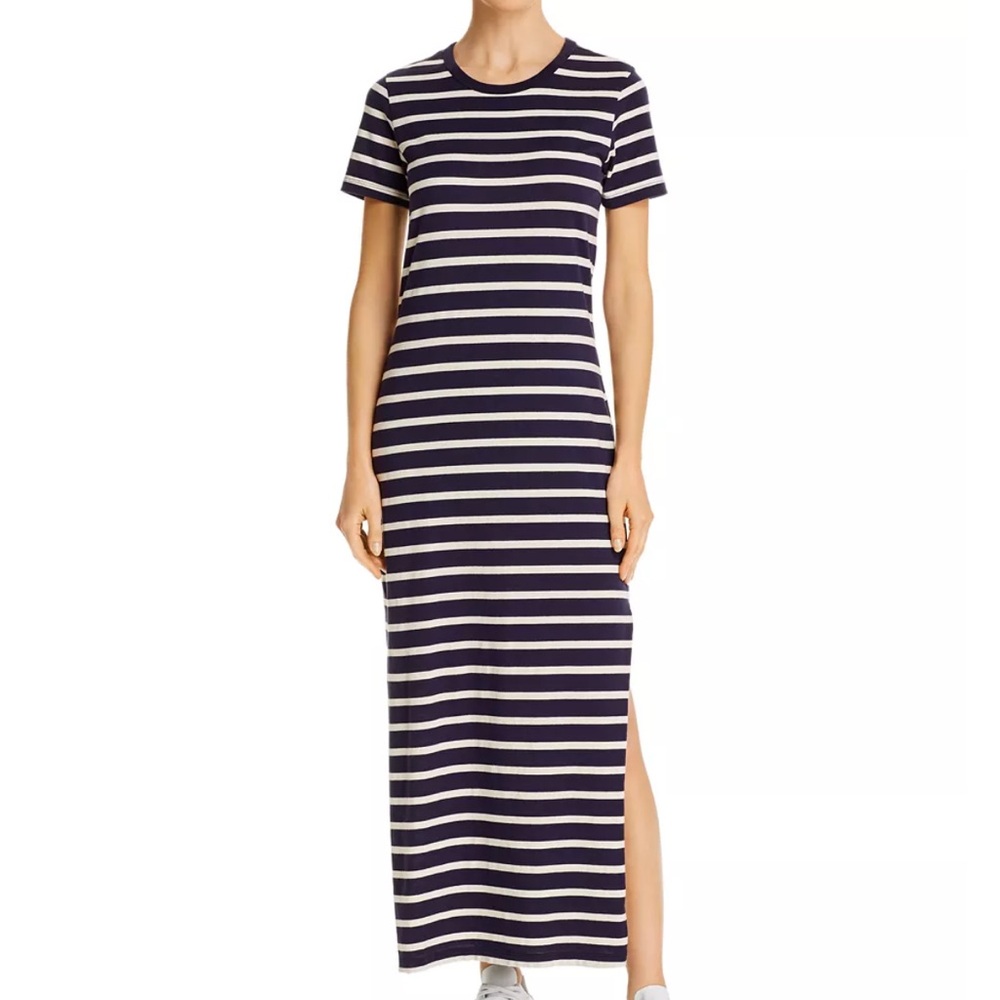 Tahari Ribbed Stretch Maxi Shirt Dress in Navy Stripe